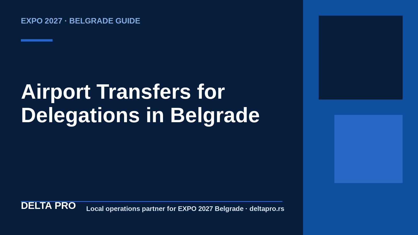 Delta Pro EXPO 2027 guide cover: Airport transfers for delegations in Belgrade