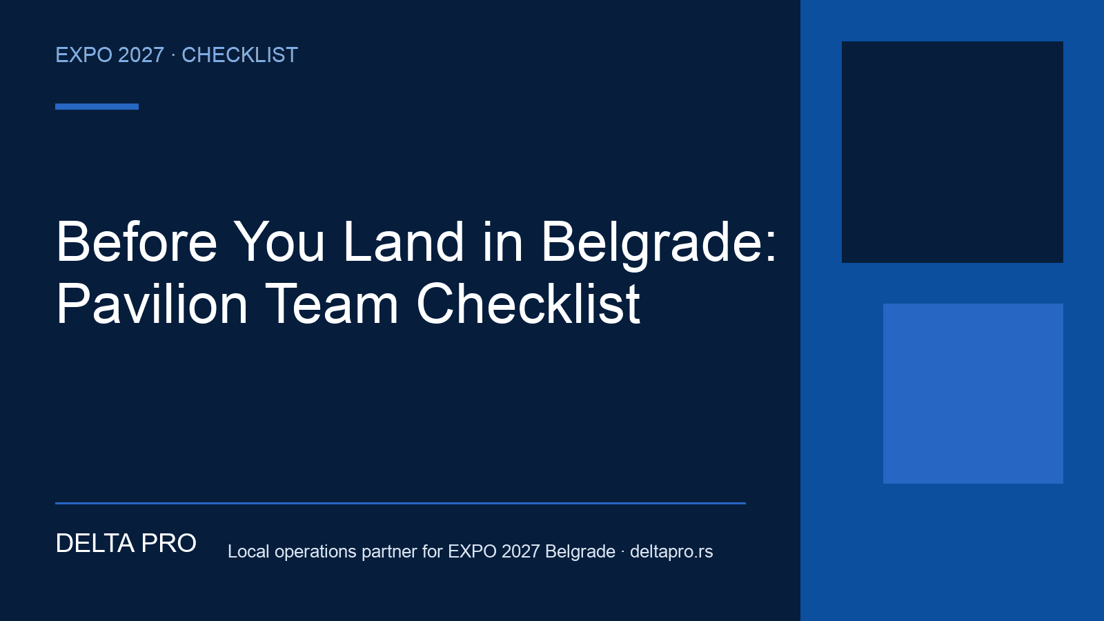 Delta Pro EXPO 2027 guide cover: pre-arrival checklist for pavilion teams in Belgrade