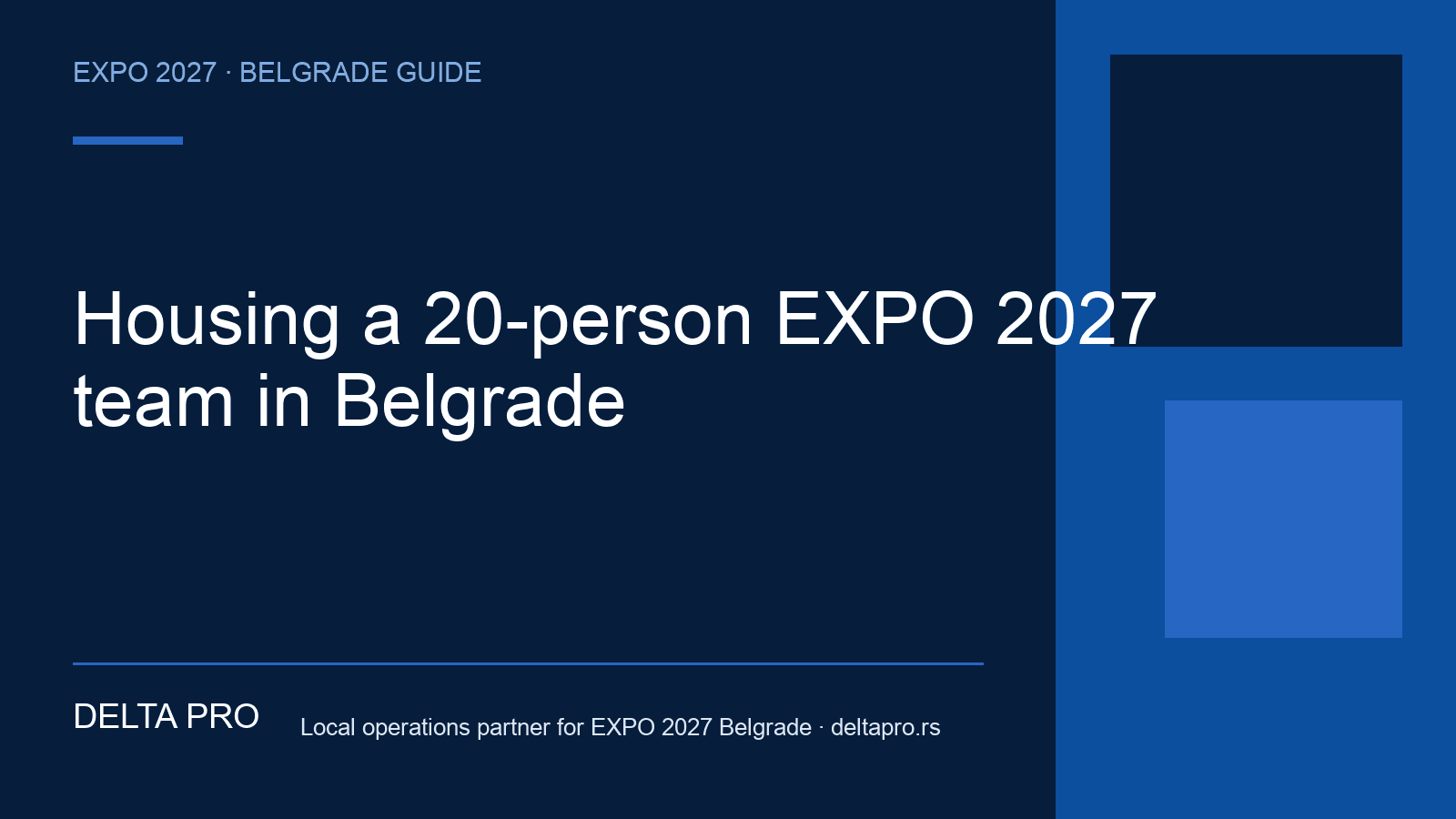 Delta Pro EXPO 2027 guide cover: accommodation for a 20-person team in Belgrade